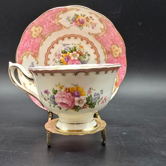 Royal Albert Lady Carlyle Tea Cup Saucer with Stand Pink Floral Vintage - Picture 1 of 13